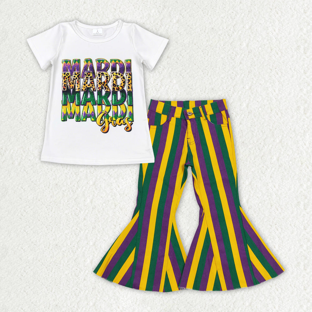 GT0442+P0327 Girls Baby Mardi Gras White Shirt Stripes Denim Jeans Pants Clothes Set