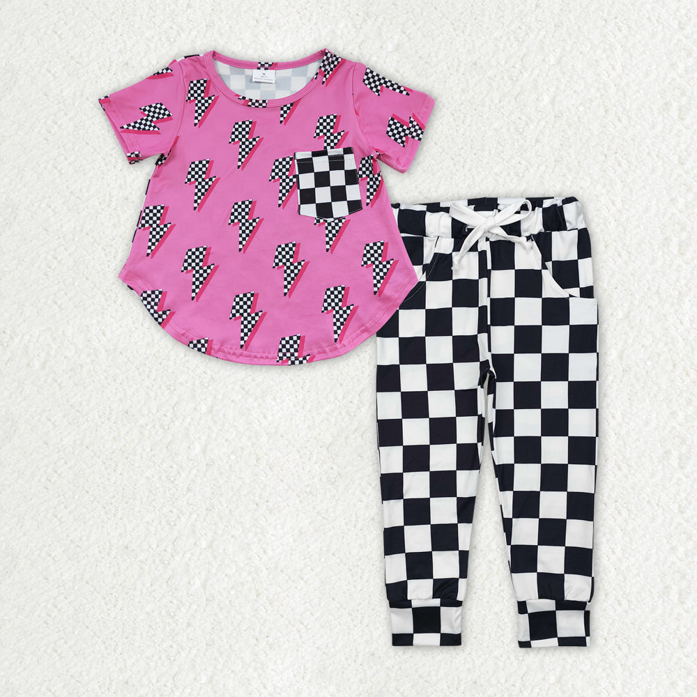 GT0227+P0699 Baby Girls Light Top Checkered Jogger Pants Clothing Set