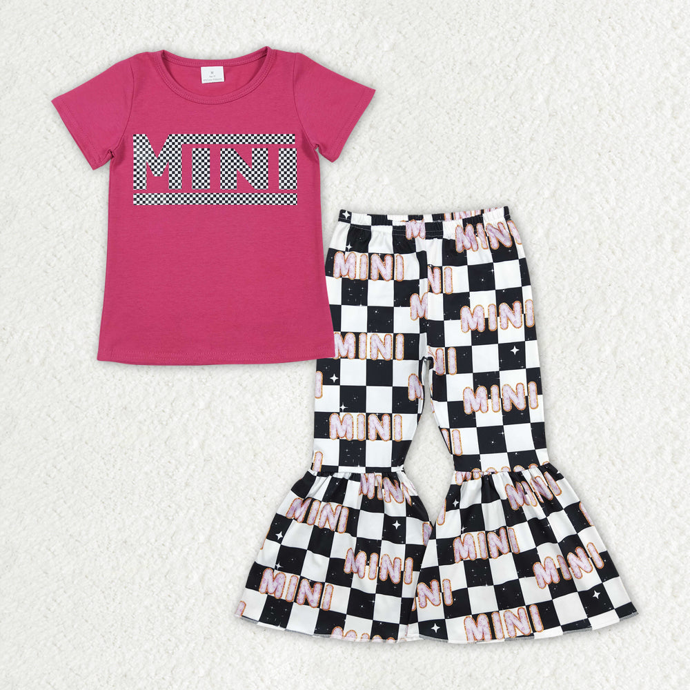 GT0573+P0345 Baby Girls Mini Top Checkered Bell Bottom Pants Clothing Set