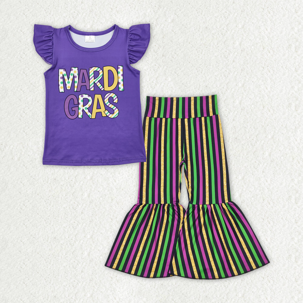 GT0814+P0405 Baby Girls Purple Mardi Gras Flutter Sleeve Shirt Stripes Bell Pants Clothes Set