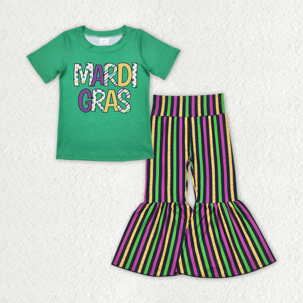 BT0995+P0405 Baby Girls Green Mardi Gras Short Sleeve Shirt Stripes Bell Pants Clothes Set