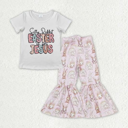 GT0898+P0387 Baby Girls Easter Jesus Short Sleeve Top Rabbits Bell Pants Clothes Set