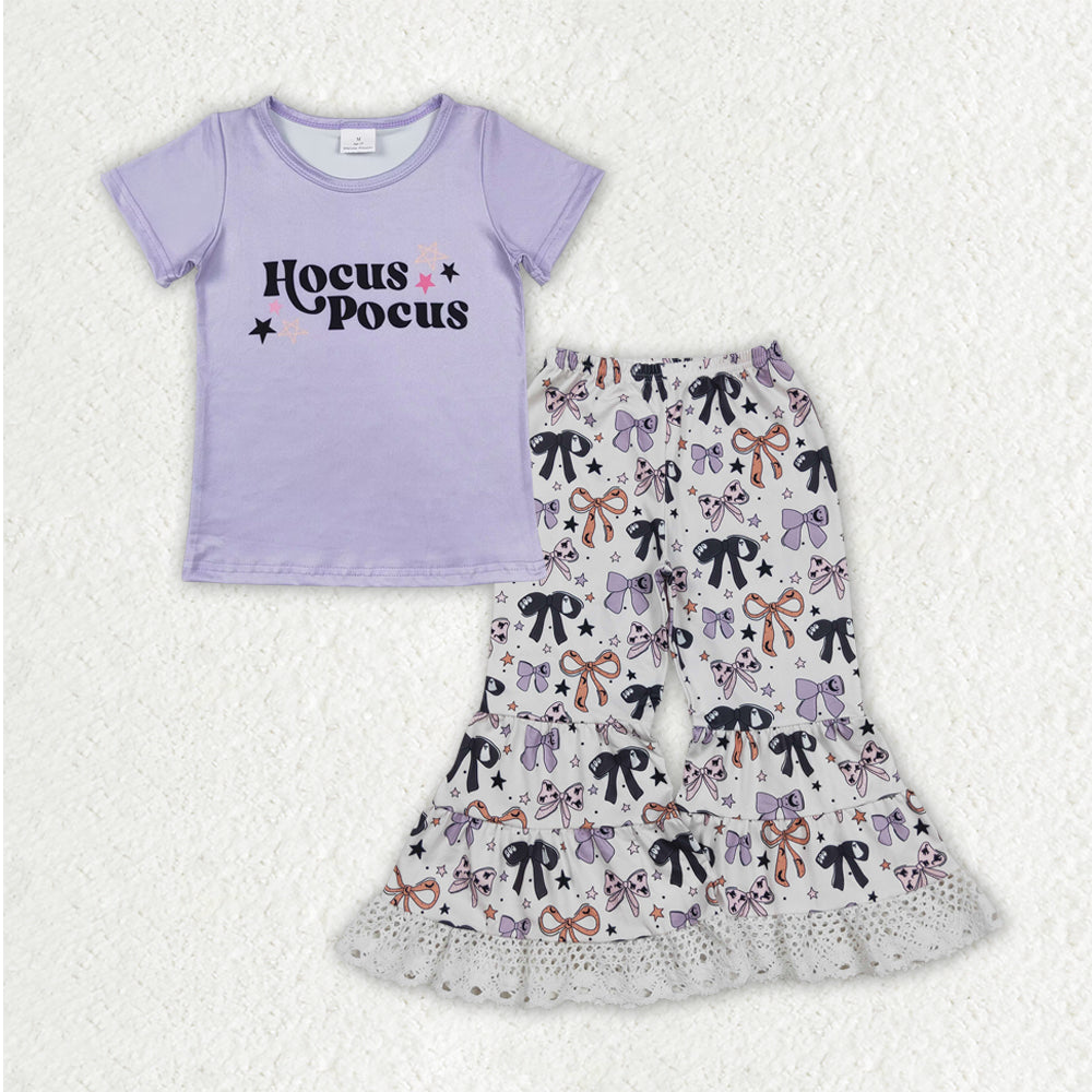 GT0667+P0783 Baby Girls Hocus Pocus Top Bows Lace Bell Bottom Halloween Clothes Set 8.13