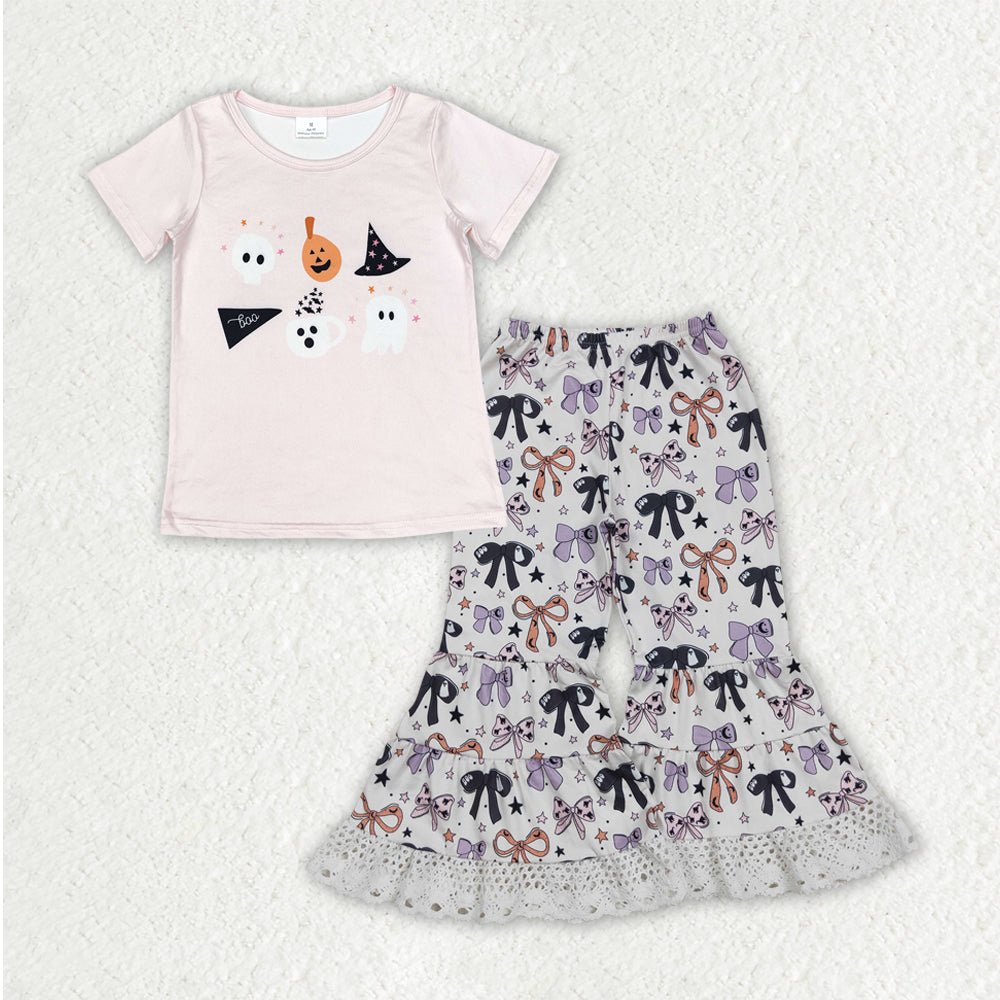 GT0698+P0783 Baby Girls Ghost Pumpkins Top Bows Lace Bell Bottom Halloween Clothes Set 8.13