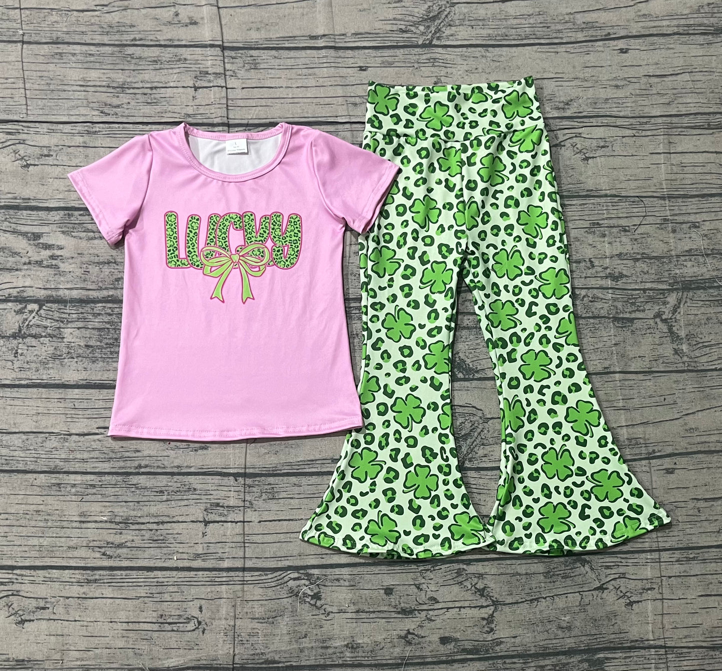 Sample GSPO2104 Cute Baby Girls Clovers Bows Lucky Top Bell Bottom Pants St Patrick Clothes Sets