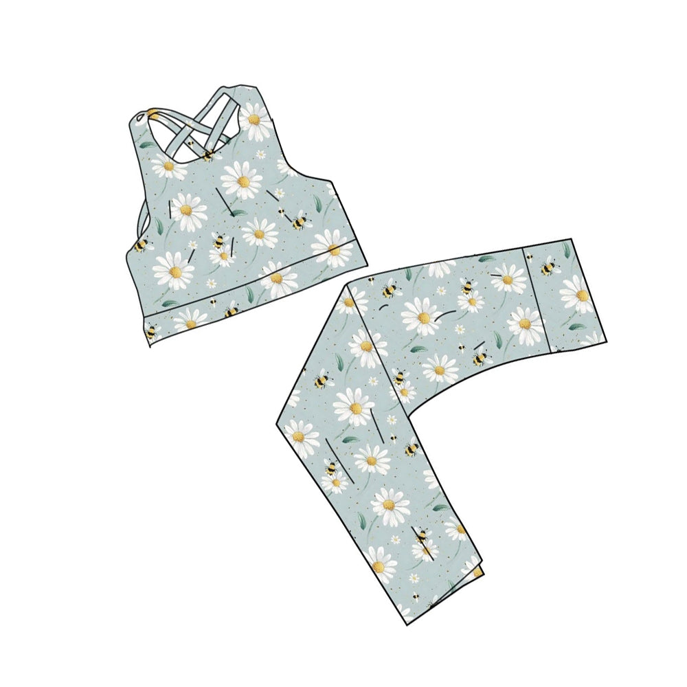 C12.5 GSPO2238 Baby Girls Daisy Flowers Bees Vests Legging Pants Yoga Clothes Sets Preorder