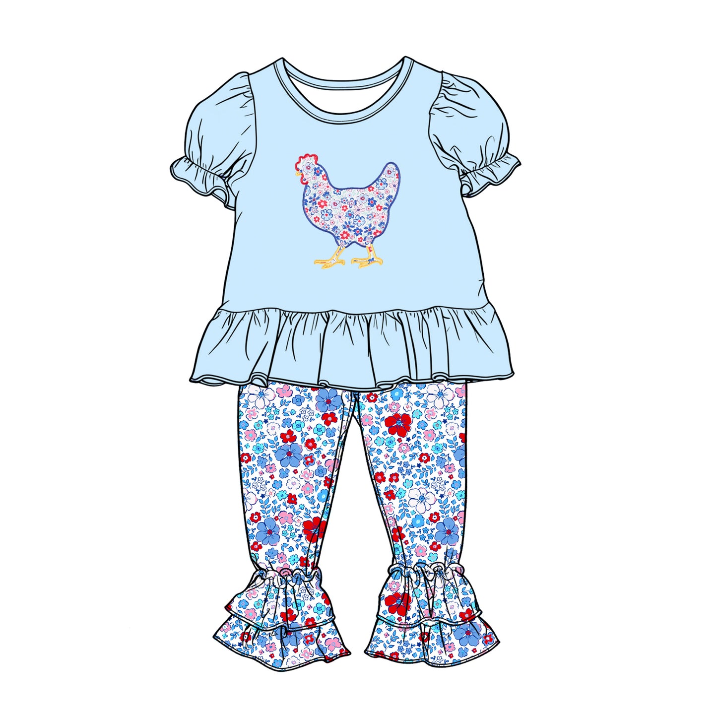 C12.15 GSPO2261 Baby Girls Colorful Floral Chick Tunic Ruffle Pants Farm Clothes Set Preorder