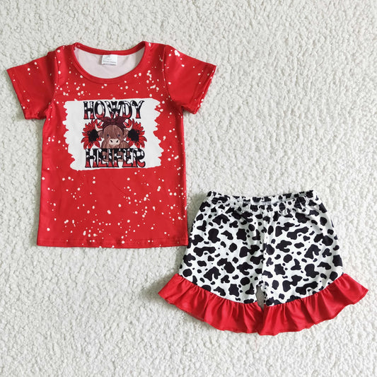 GSSO0043 Baby Girls Red Howdy Heifer Top Red Shorts Clothes Set