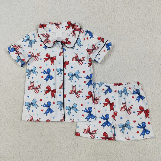 Sibling Baby Girls Bows Button Top Short 4th Of July Pajamas Sets 5.17