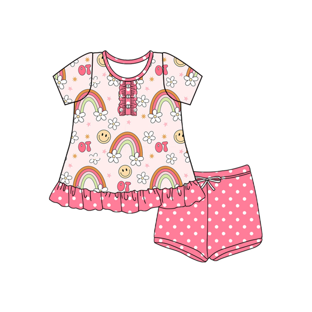 4.8 GSSO2564 Baby Girls Short Sleeves Button Rainbows Smiles Tunic Polka Dots Short Set Preorder