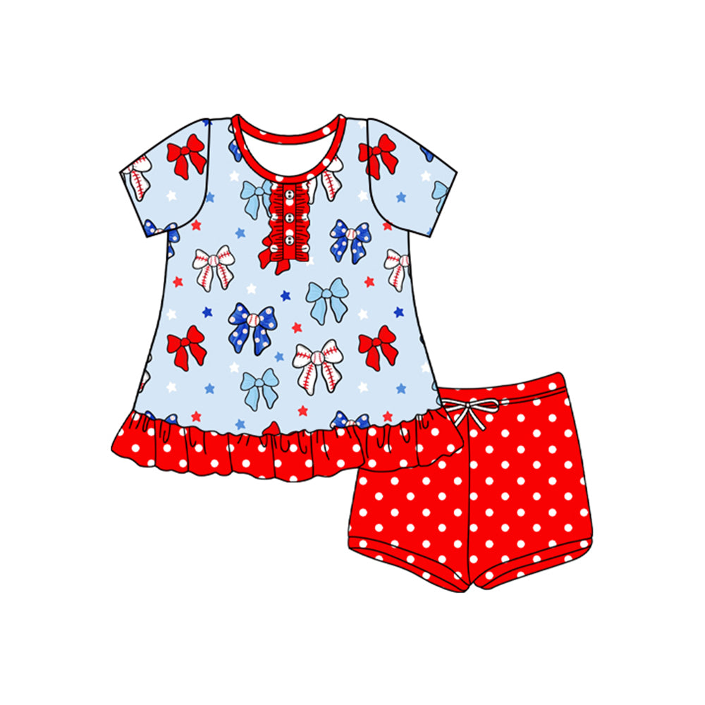 4.8 GSSO2566 Baby Girls Button Blue Red Bows Stars Tunic Polka Dots Short 4th Of July Set Preorder