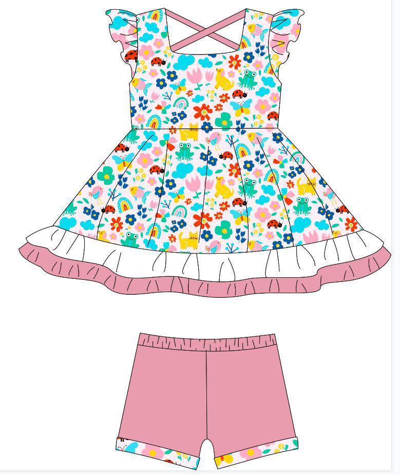 C11.22 GSSO2928 Baby Girls Flutter Sleeve Flowers Frogs Ruffle Tunic Shorts Clothes Sets Preorder