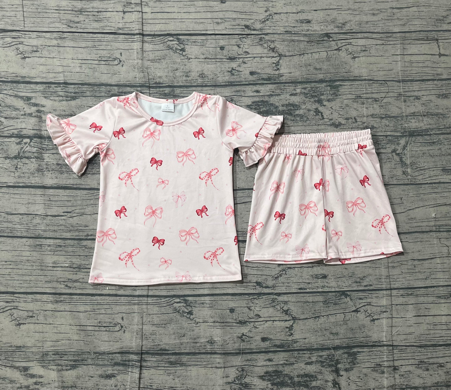 Sample GSSO2996 Cute Baby Girls Pink Short Ruffle Sleeve Bows Polka Dots Top Shorts Clothes Sets
