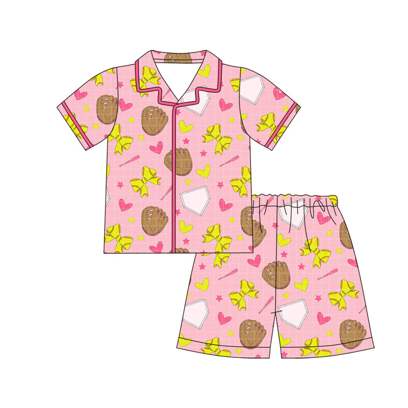 C12.10 GSSO3013 Baby Girls Baseball Bows Hearts Button Top Shorts Team Pajamas Sets Preorder