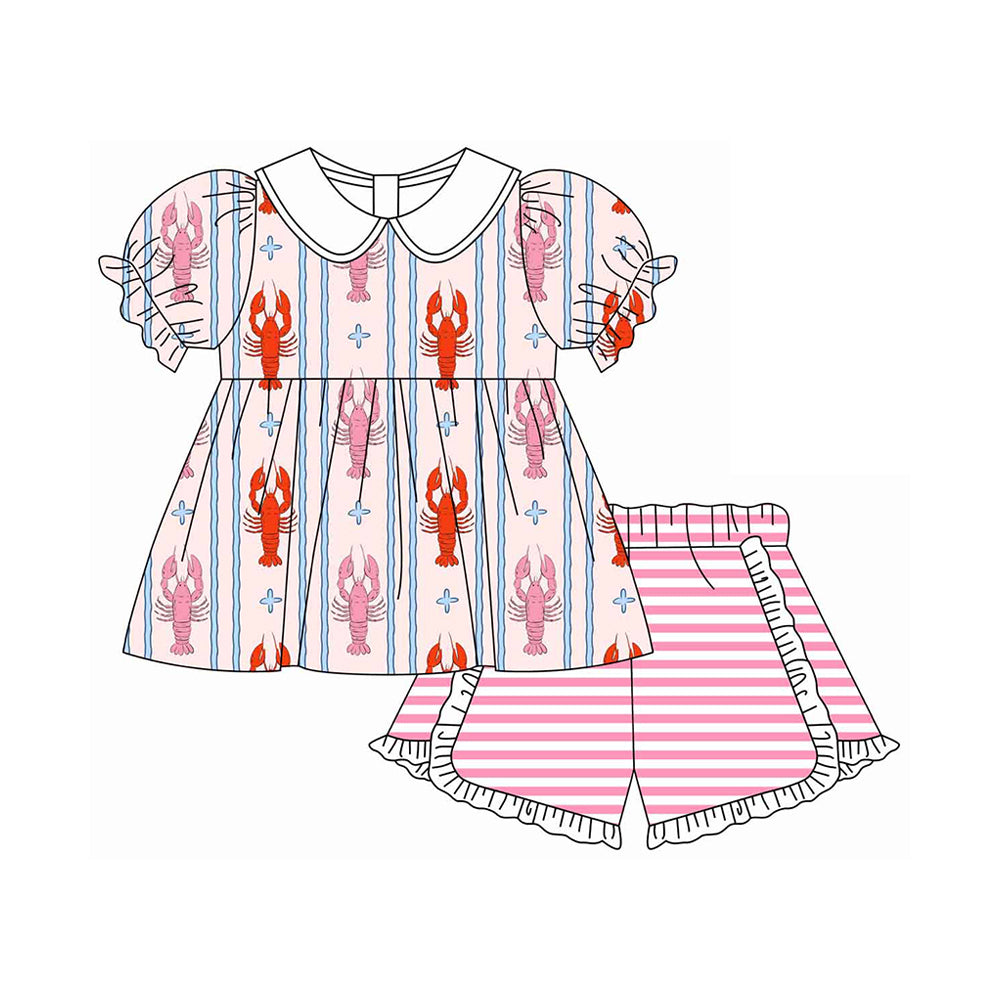 C12.13 GSSO3030 Baby Girls Crayfishes Collar Tunic Stripe Ruffle Shorts Clothes Sets Preorder