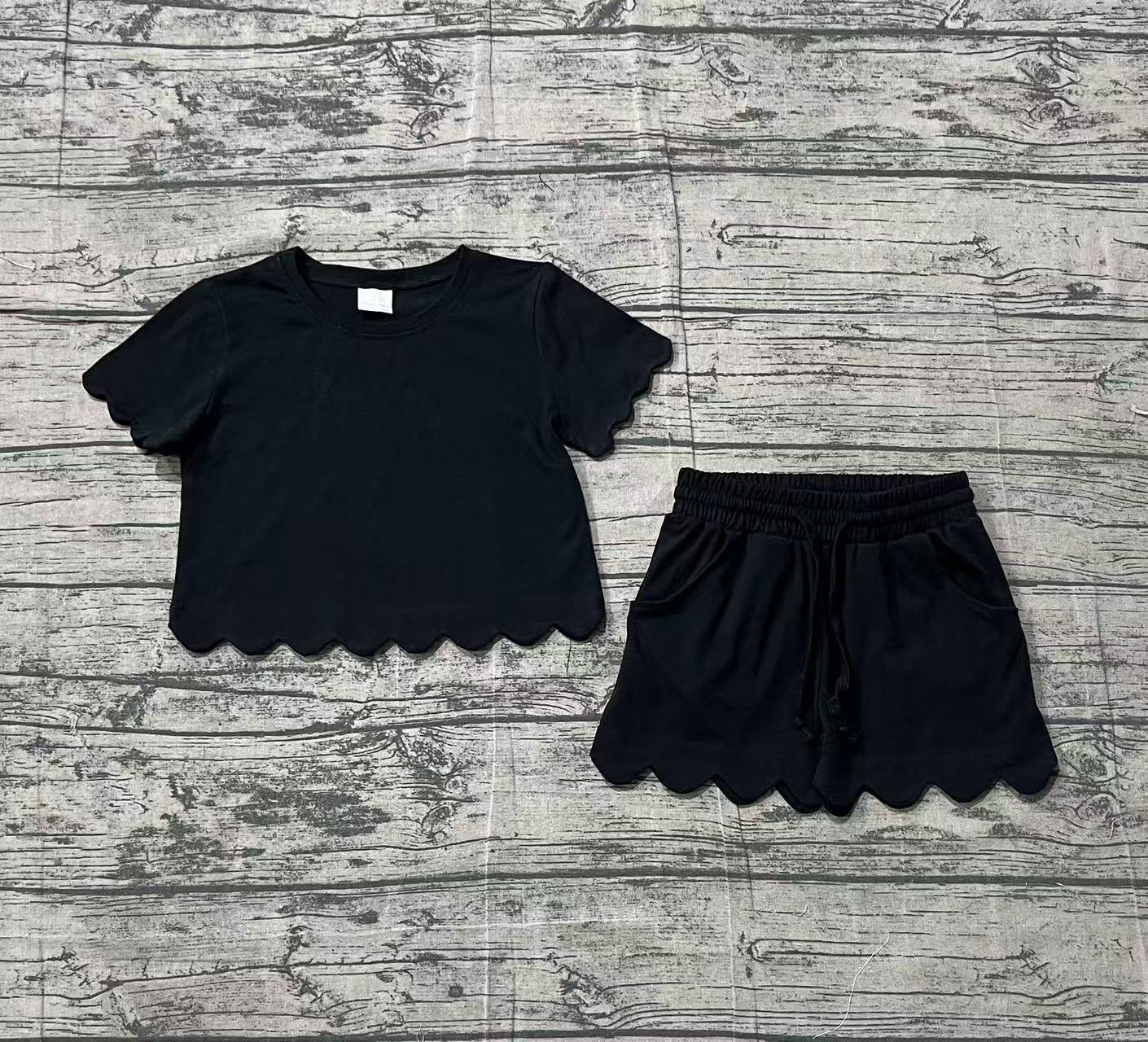 Sample GSSO3172 Baby Girls Short Sleeve Black Shirts Top Scallop Shorts Clothes Sets