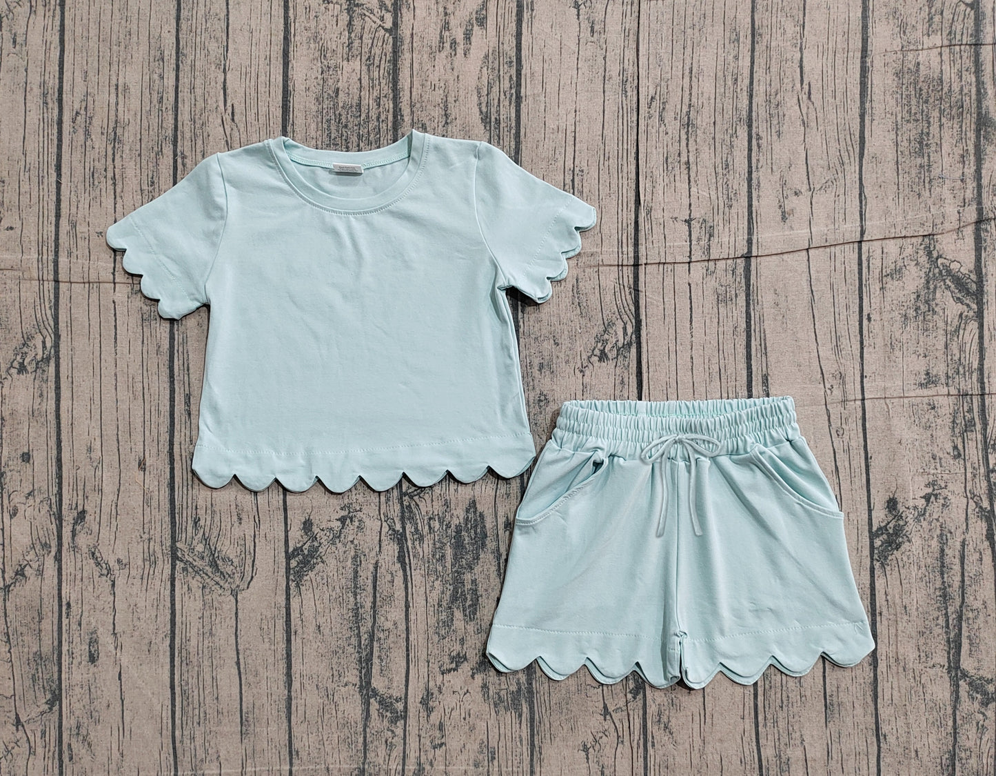Sample GSSO3174 Cute Baby Girls Short Sleeve Light Blue Shirts Top Scallop Shorts Clothes Sets