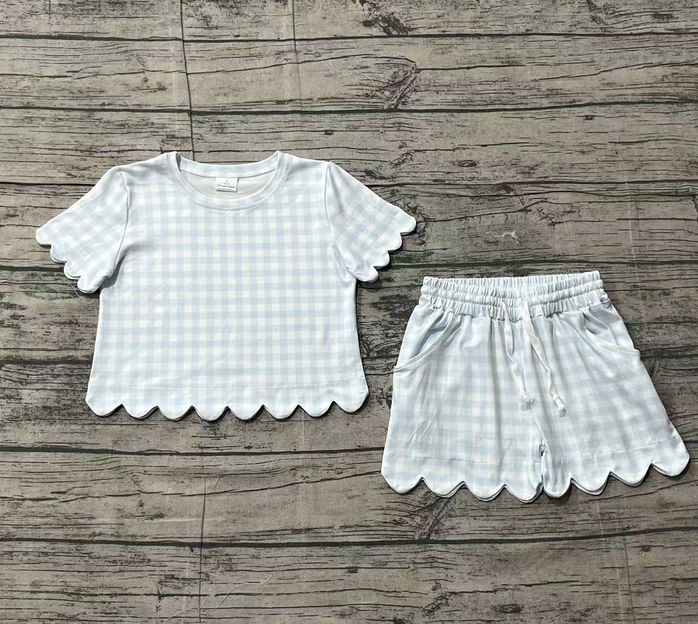 Sample GSSO3184 Baby Girls Short Sleeve Light Blue Checked Shirts Top Scallop Shorts Clothes Sets
