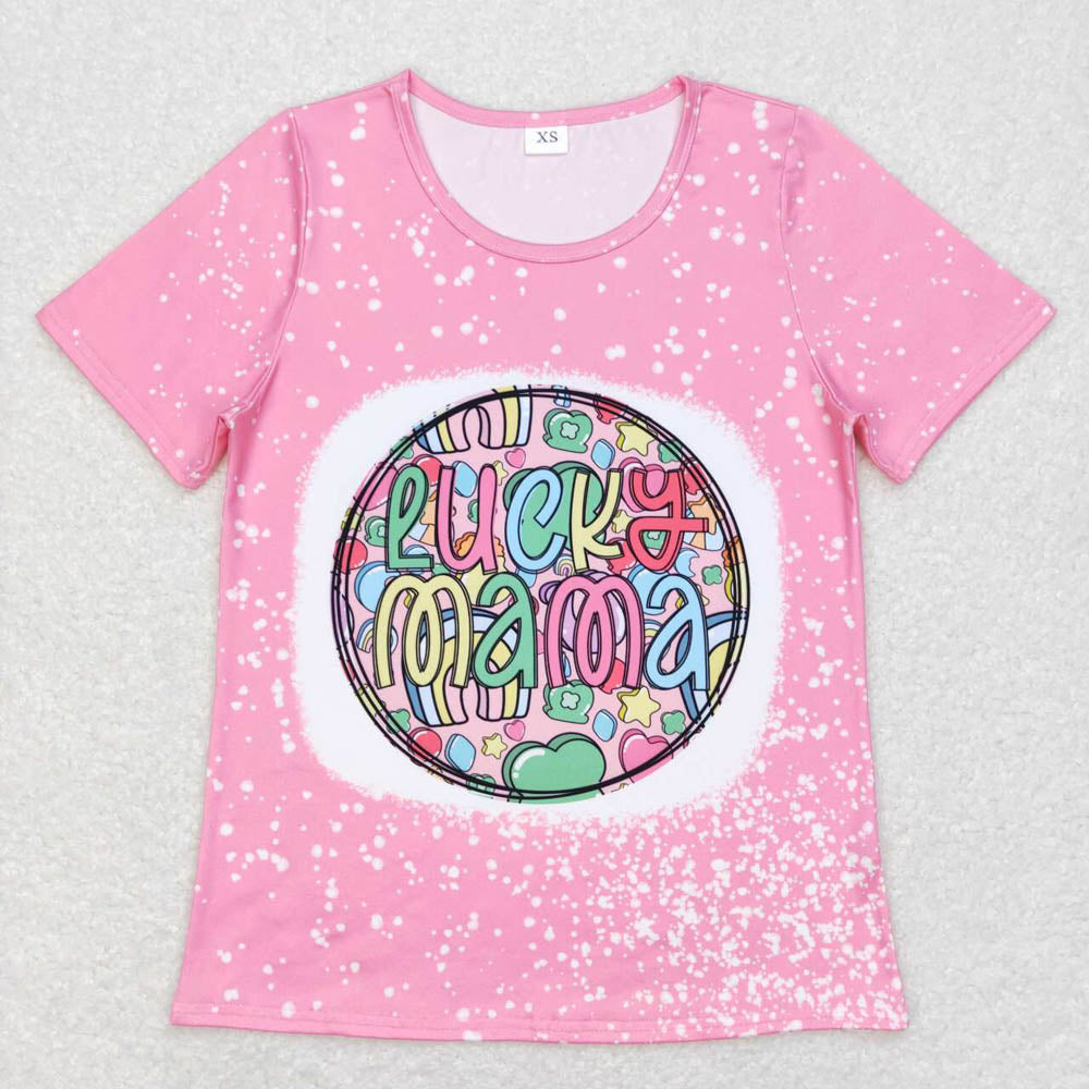 GT0378 adult lucky mama letter four-leaf clover pink short sleeves