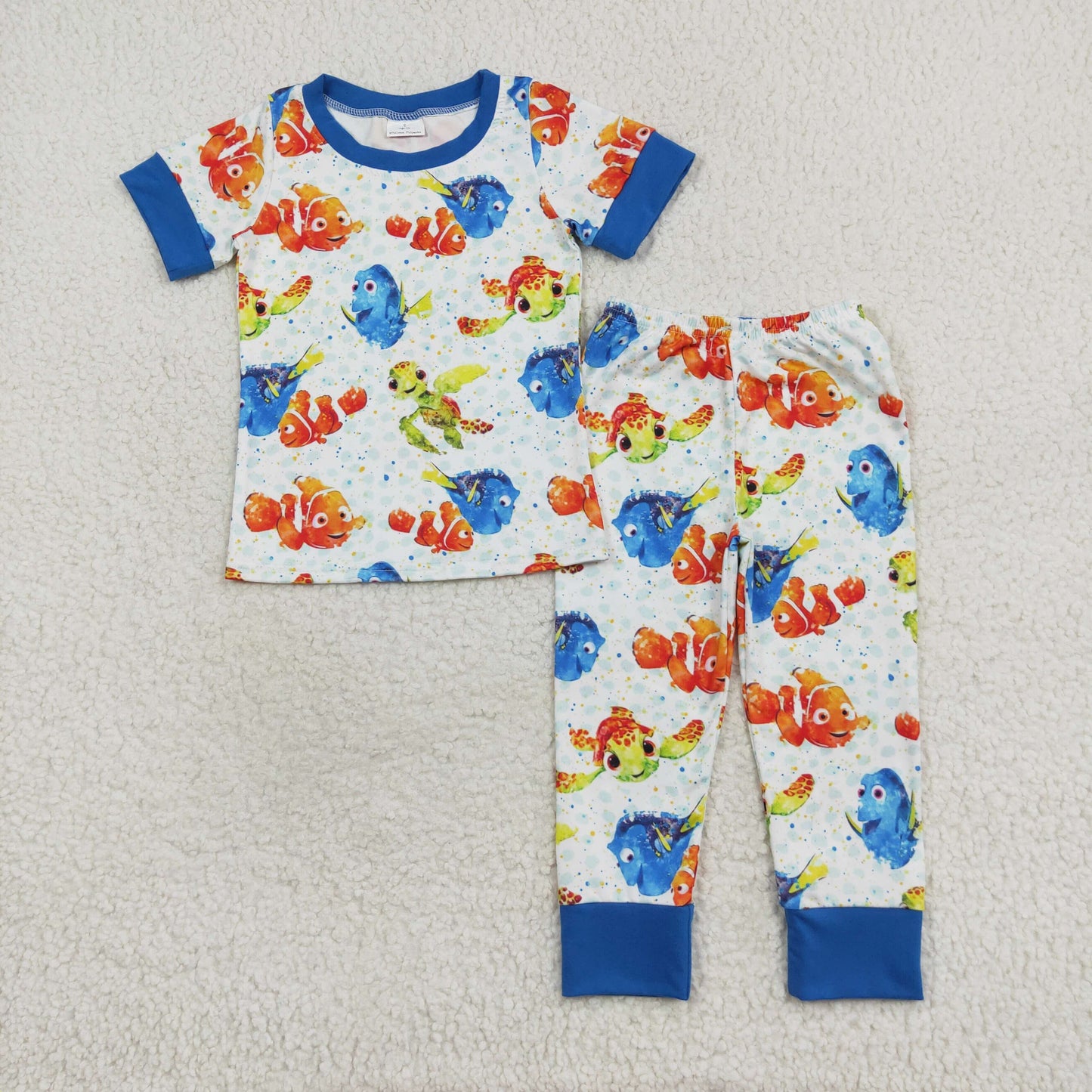 BSPO0419 Boy Cartoon Turtle Little Fish Blue Short Sleeve Long Pants Pajama Set