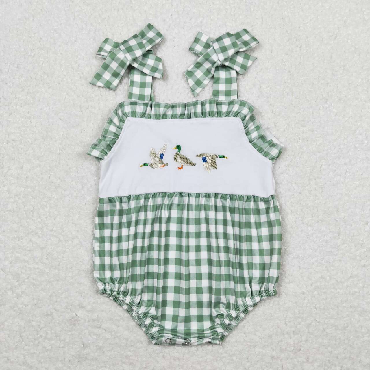 SR1065 Embroidered duck green white check lace camisole jumpsuit