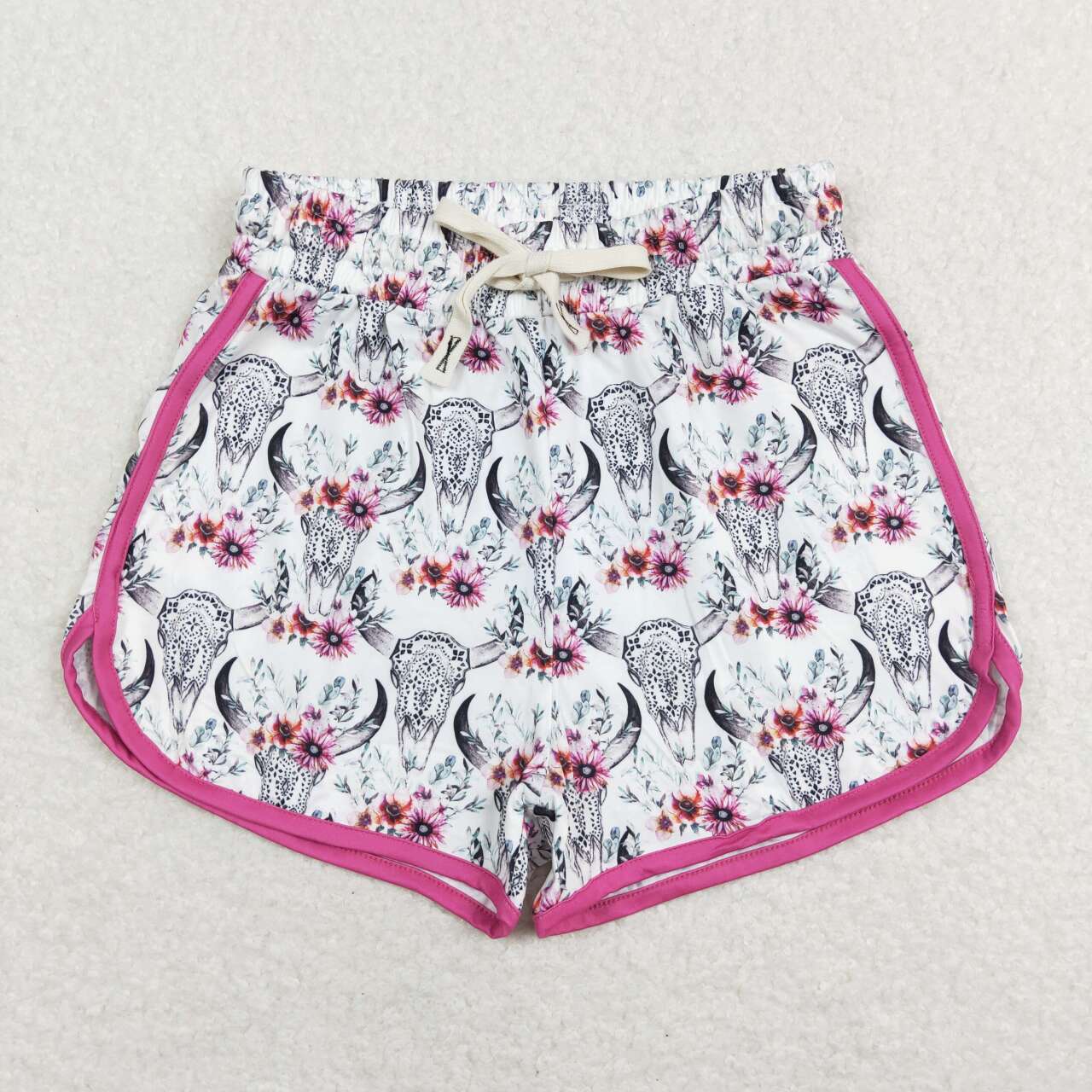 SS0127 adult alpine cow head rose red edge white shorts