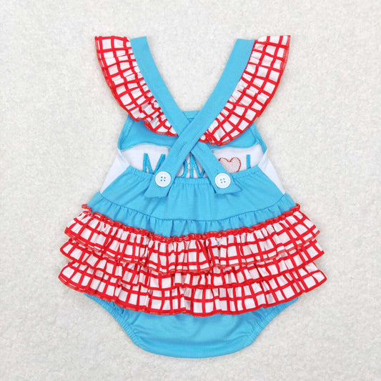 SR0683 I love mom Embroidered letter red and white check lace Blue flying sleeve onesie