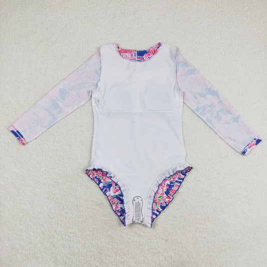 S0376 Flower scenery blue pink zipper long-sleeved one-piece swimsuit