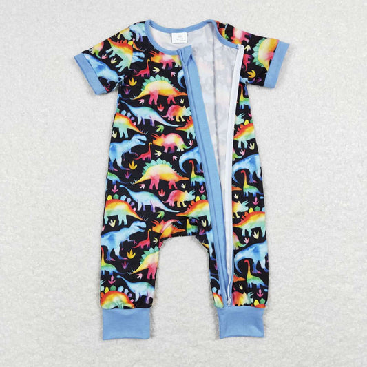SR0506 Colorful cartoon blue and black zip-up short-sleeved onesie