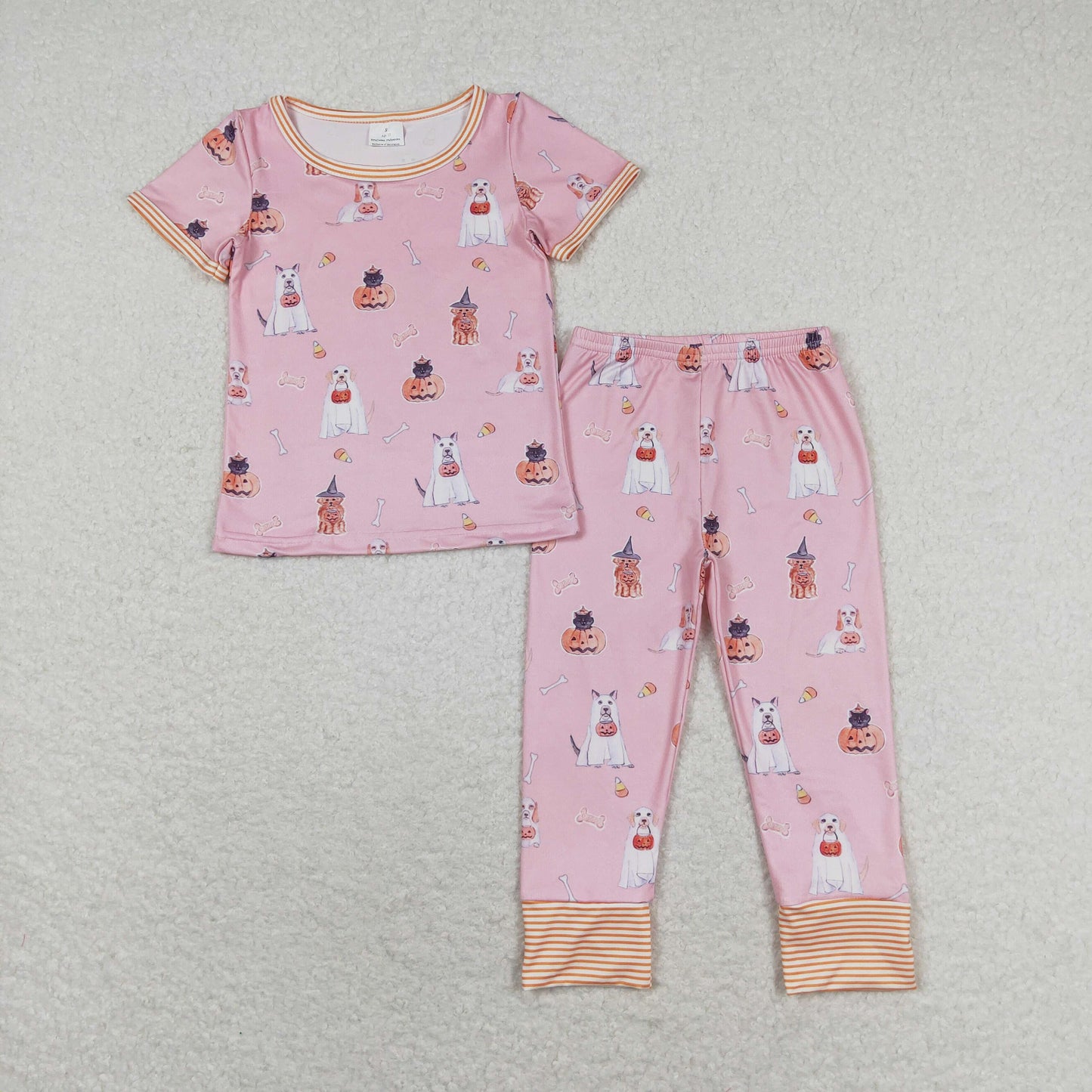GSPO1538 Halloween Jack-O-Lantern Puppy Pink Short-Sleeved Long Pants Pajama Set