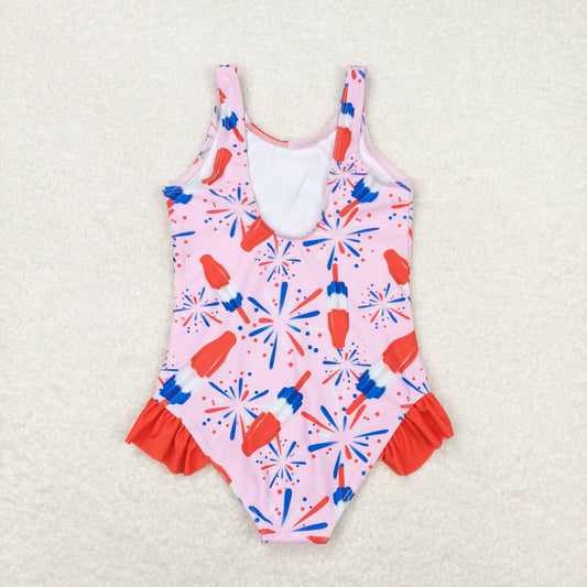 S0333 4th of July Fireworks Popsicle red lace pink one-piece swimsuit