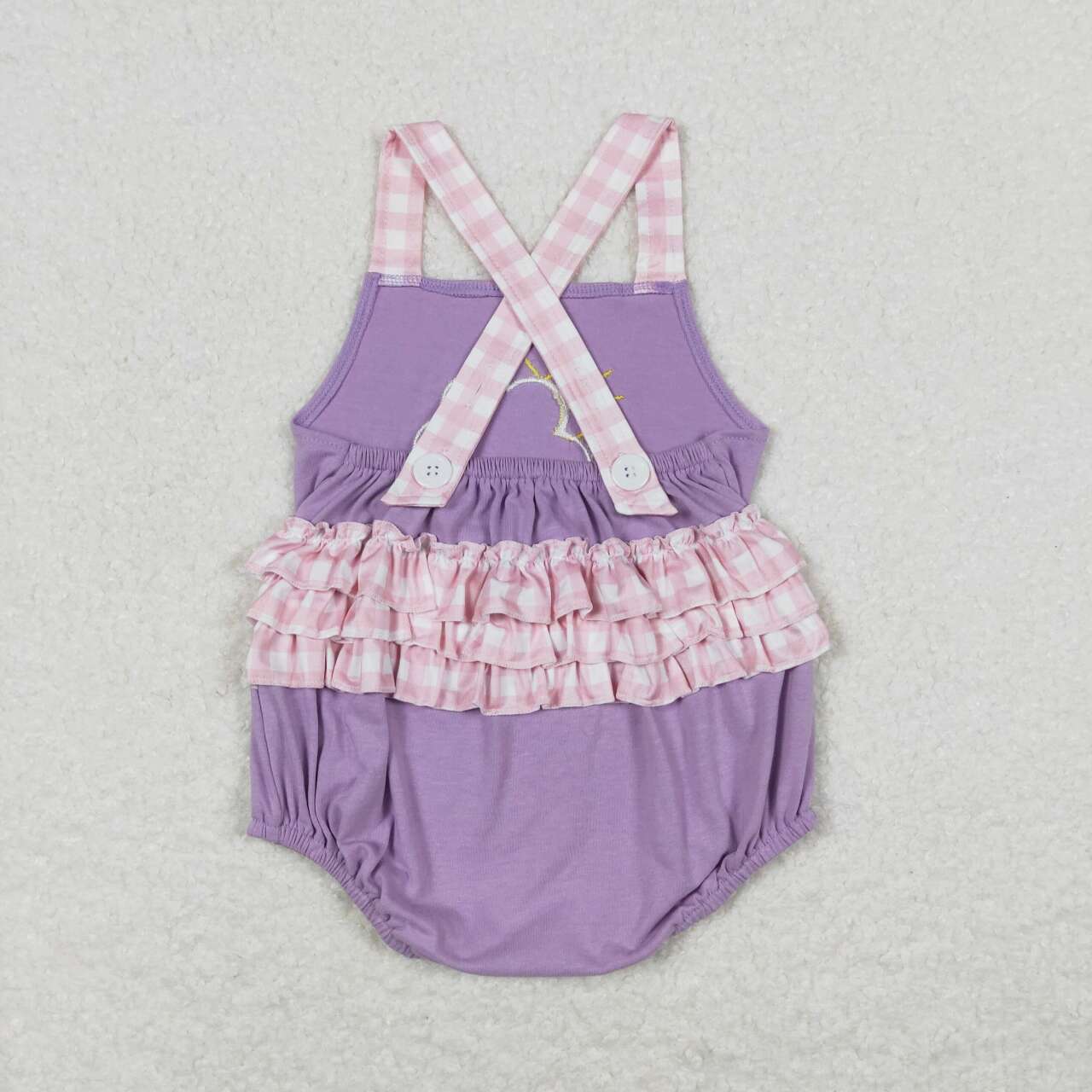 SR1071 Embroidery rainy cloudy day pink and white check lace purple vest onesie