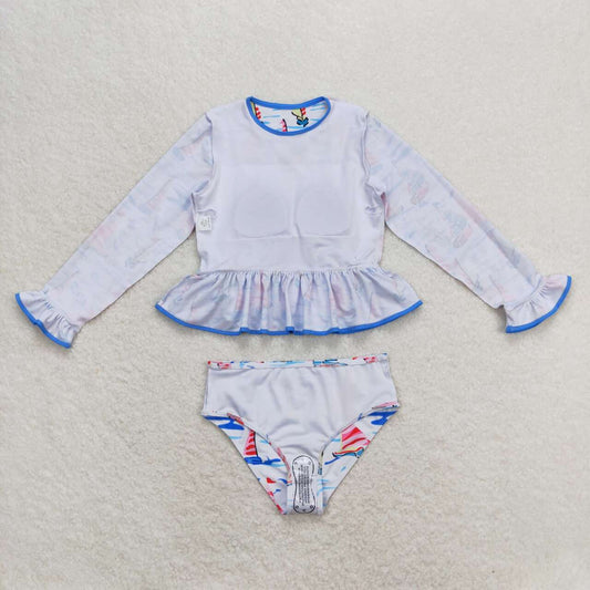 S0276 Sailboat blue bow white long-sleeved swimsuit