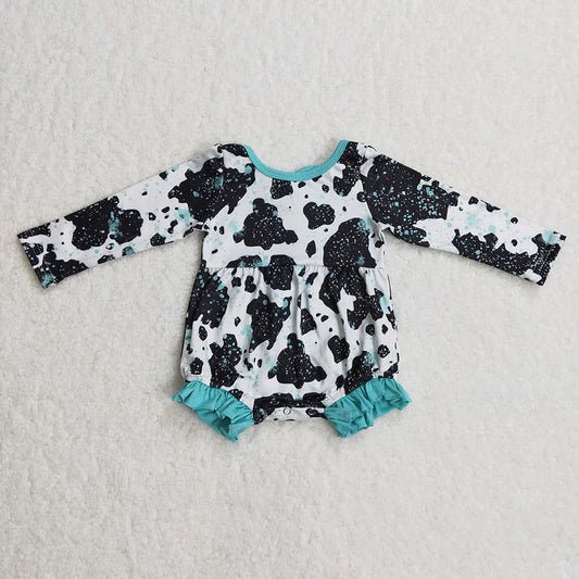 Sibling Baby Girls Cow Turquoises Ruffle Pants Western Clothes Sets Knee Length Dress Rompers C12.2