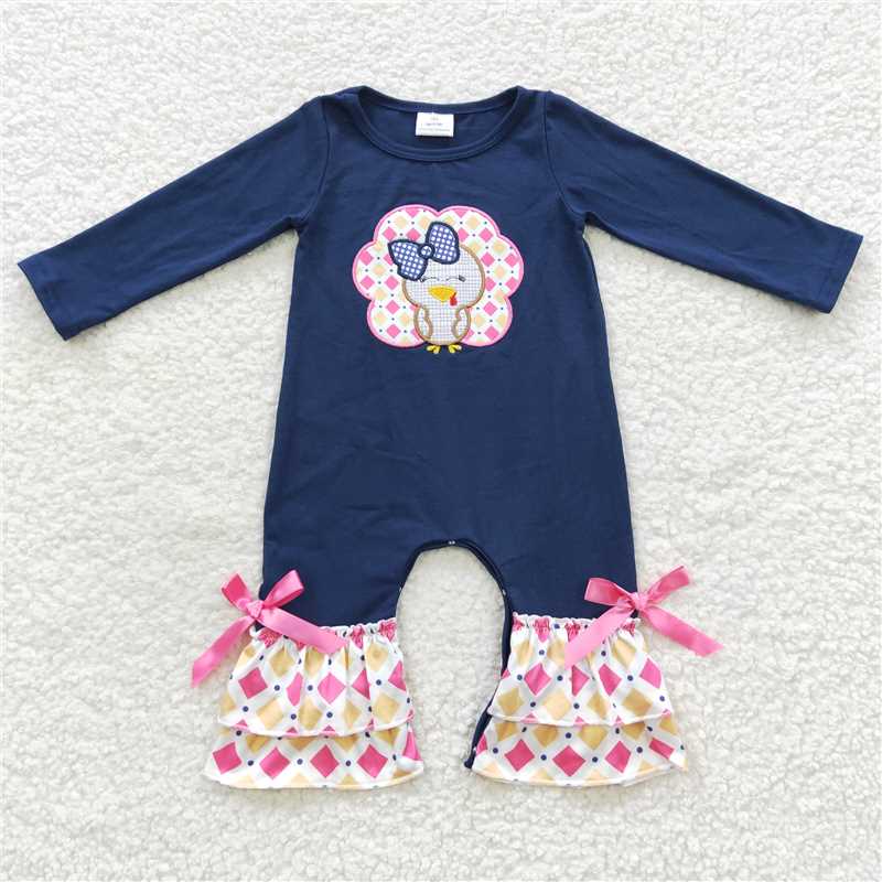 LR0326 Diamond check Turkey embroidery navy blue long sleeve onesie