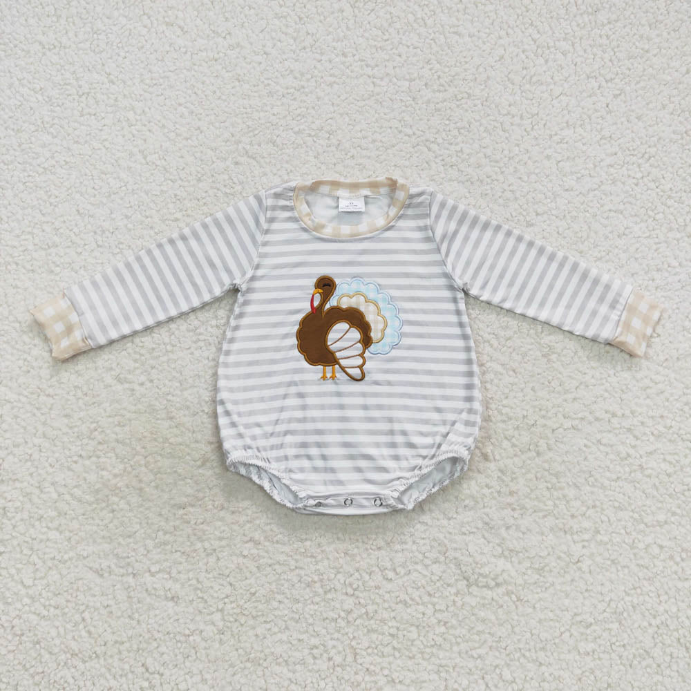LR0427 Embroidered Baby Boys Grey Thanksgiving Turkey Romper
