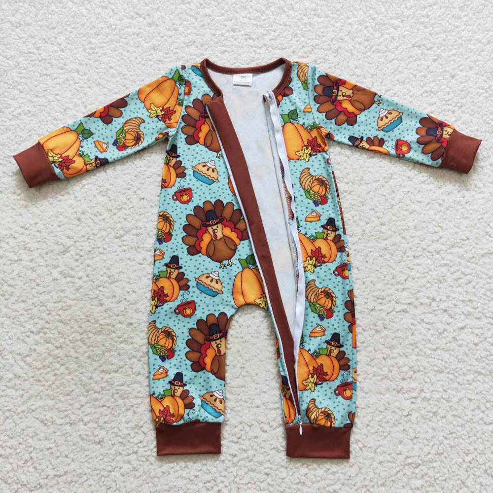 LR0581 Pumpkin Turkey Blue brown zip-up long sleeve onesie
