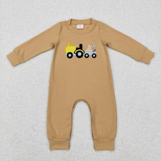 Sibling Embroidery Truck Dogs Baby Boys Khaki Shirt Pants Hunting Clothes Sets Footie Rompers C11.1