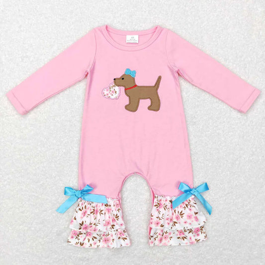 Sibling Baby Girls Embroidery Floral Heart Dogs Ruffle Pant Valentines Clothes Sets Footie Rompers C11.29