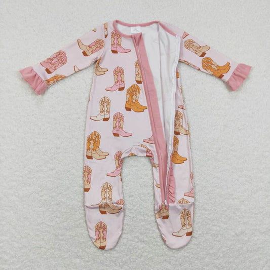 LR0852 Boots Pink Lace Zipper Long Sleeve Jumpsuit