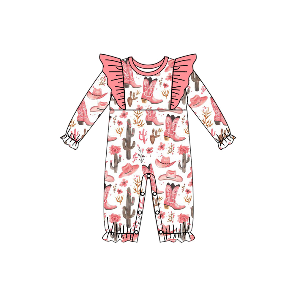 LR1900 Baby Infant Girls Western Pink Boots Cactus Rompers preorder