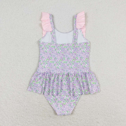 S0331 Pink purple floral lace one-piece swimsuit