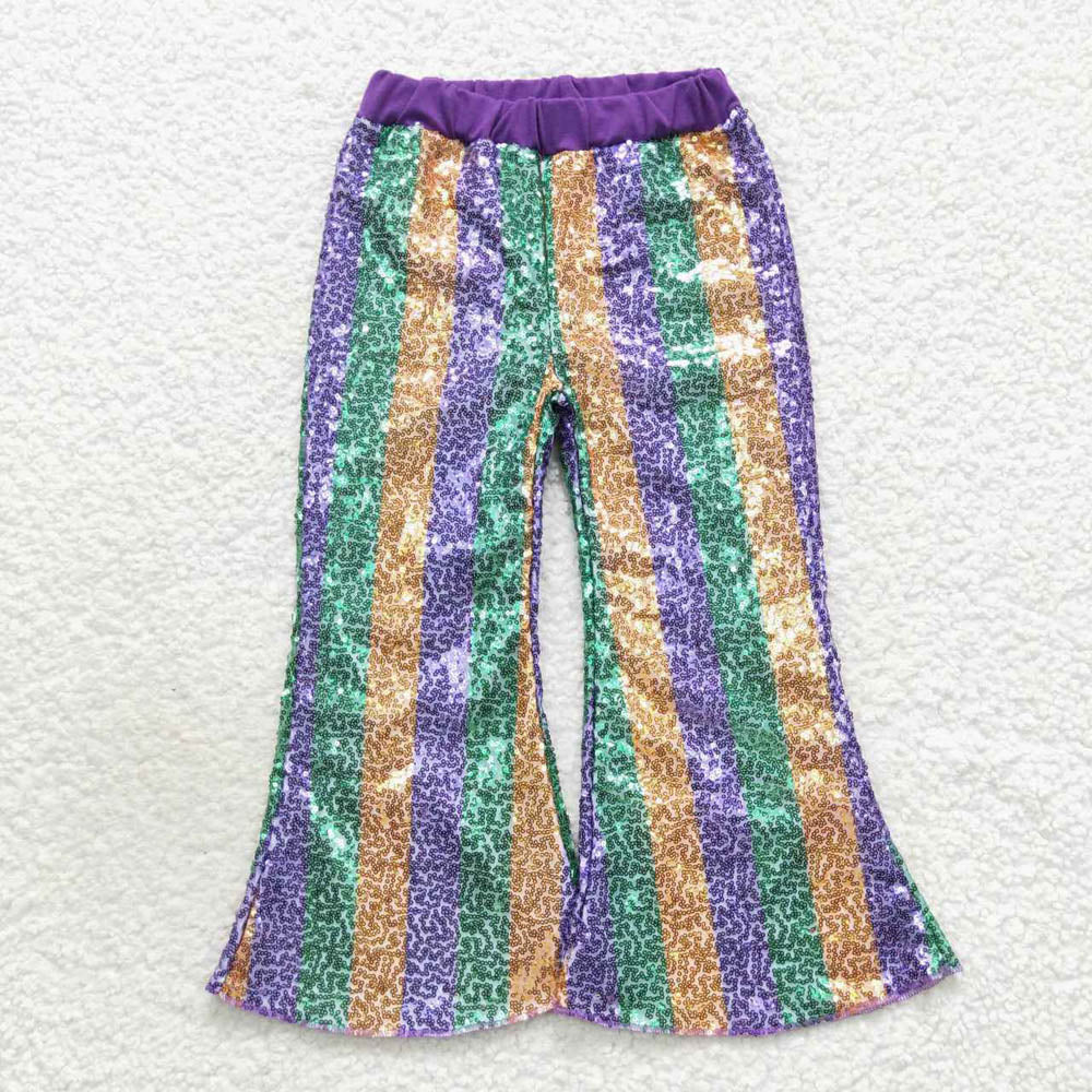 P0277 Baby Girls Purple Green Golden Sequin Bell Bottom Pants
