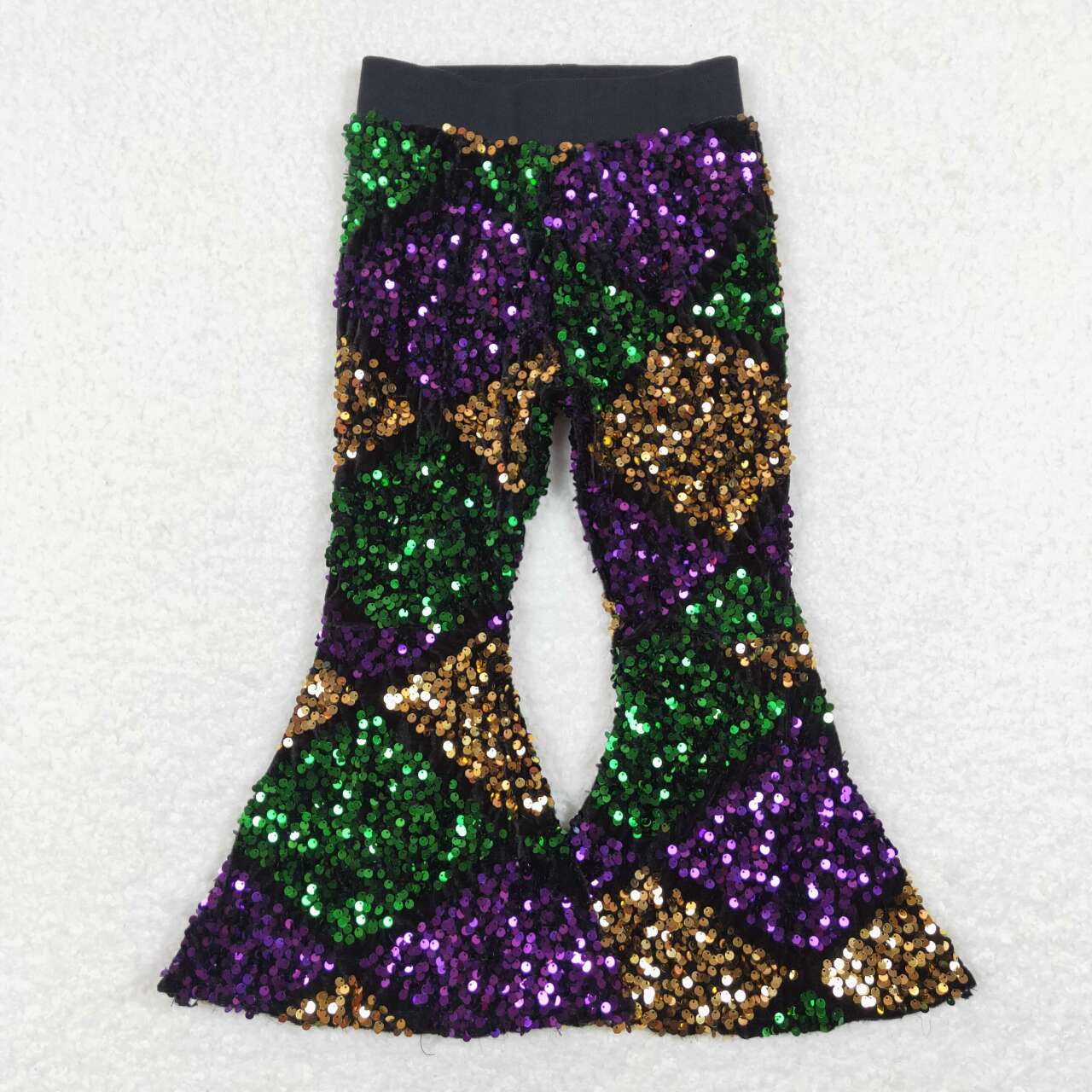 P0359 Baby Girls Mardi Gras Purple Square Sequin Sparkle Bell Bottom Pants