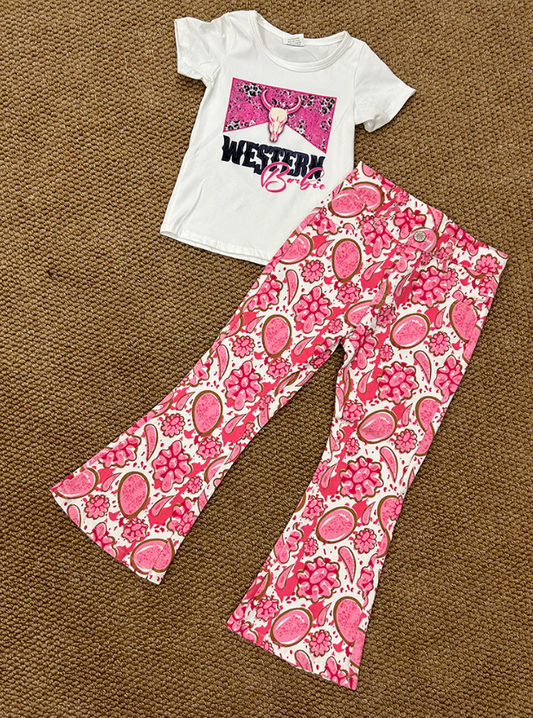 GT0134+P0735 Baby Girls Western Doll Shirt Pink Bell Denim Pants Clothes Set
