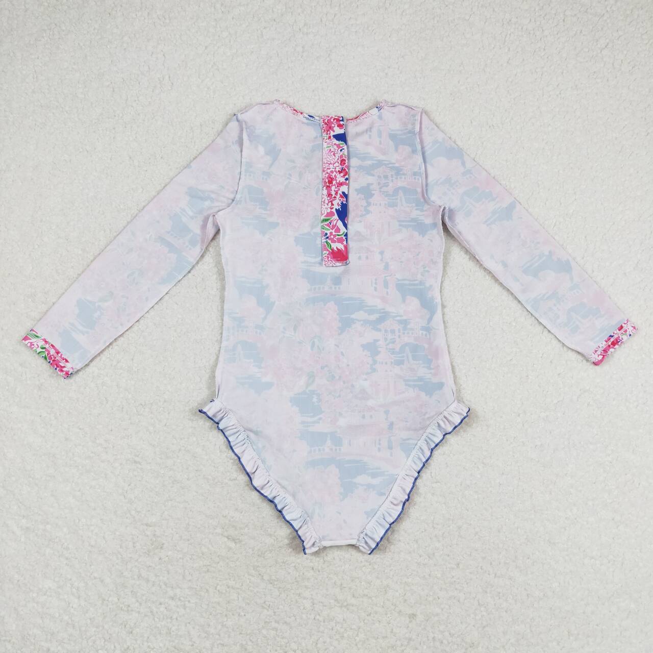 S0376 Flower scenery blue pink zipper long-sleeved one-piece swimsuit