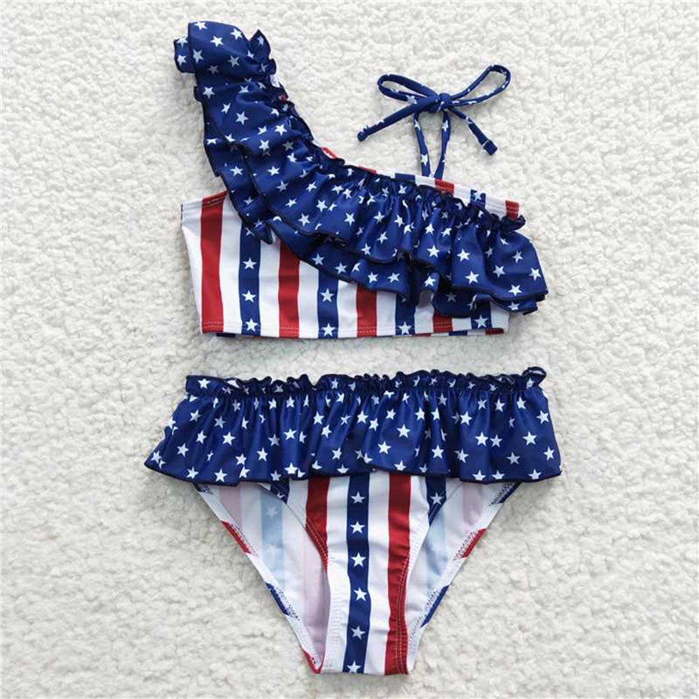 S0042 Girls National Day Star Striped Swimsuit Set