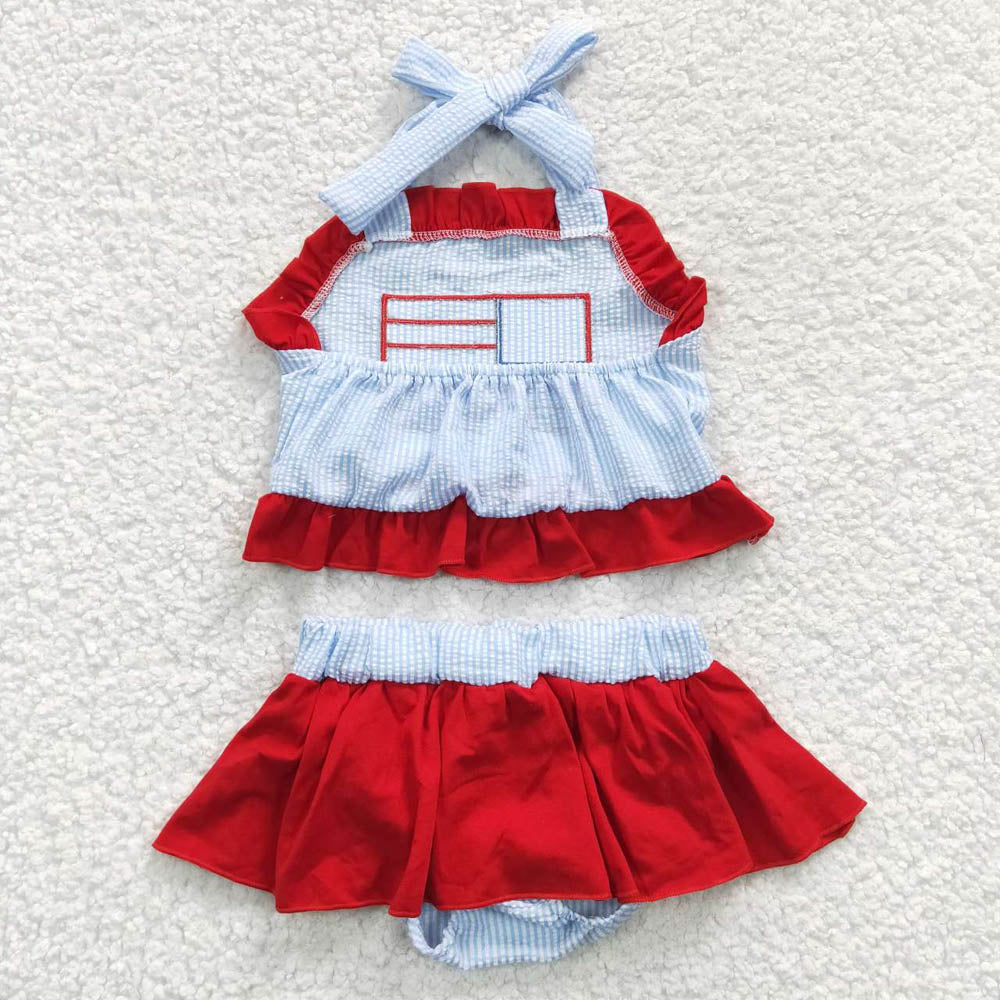 0134 Girls Embroidery National Day Flag Blue Swimsuit set