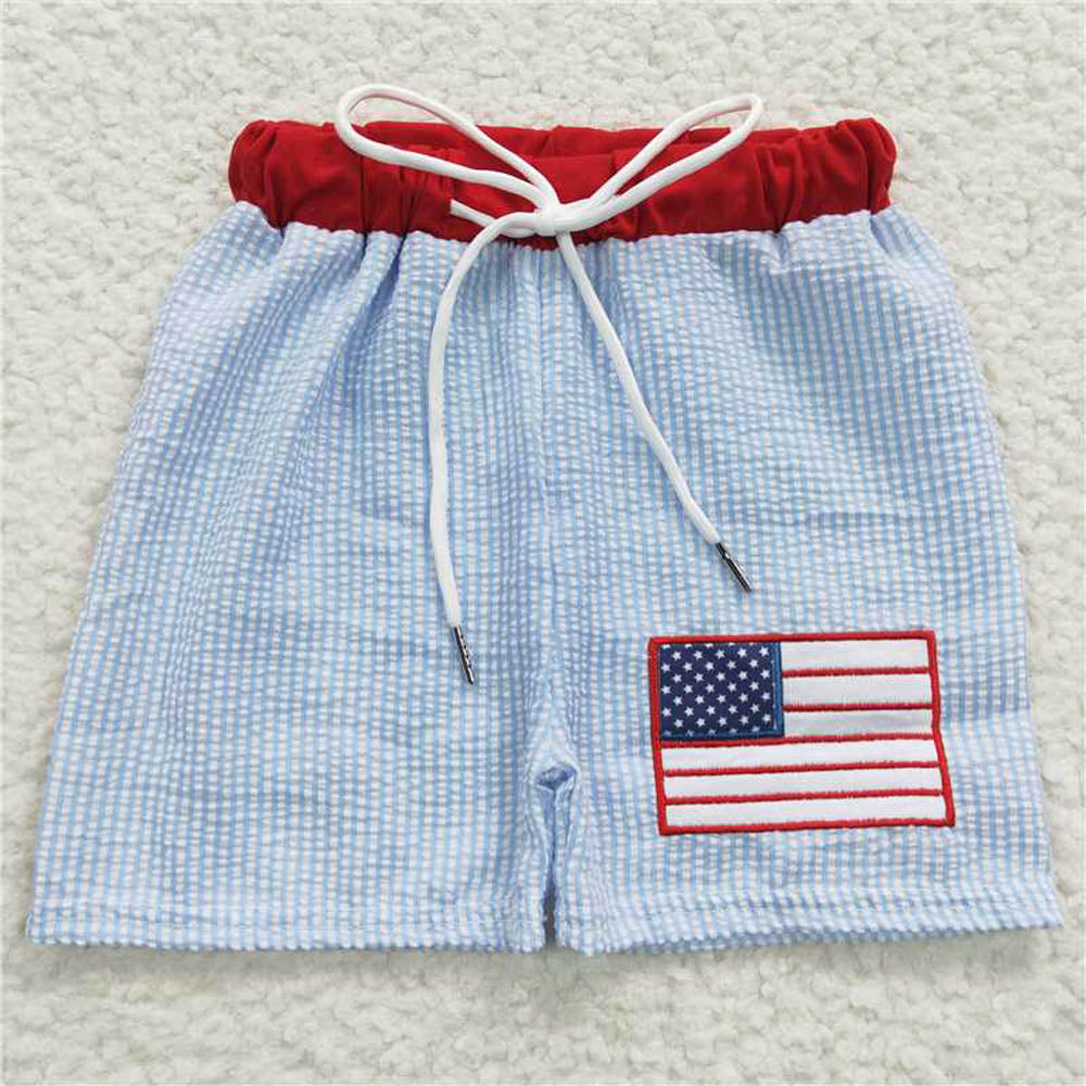 S0135 Wholesale Boutique children's wear boys swimsuit Summer Embroidery National Day flag blue swimming trunks comfortable