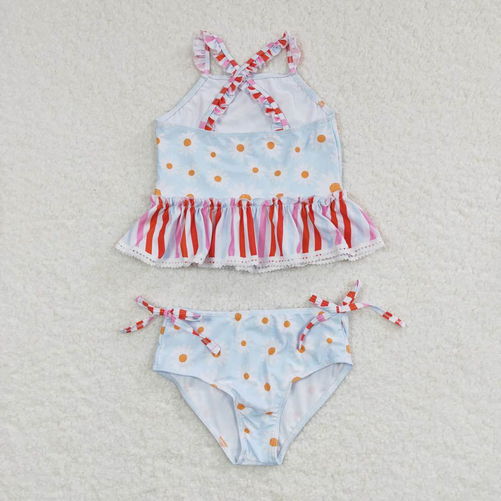 S0157 Daisy Flower Red Stripe Light Blue Swimsuit Suit